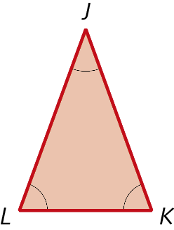 Figura geométrica. Triângulo vermelho JKL, um arco simples em cada ângulo. Cada ângulo tem medida de abertura menor que 90 graus.