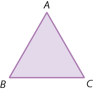 Figura geométrica. Triângulo roxo ABC com três lados de mesma medida de comprimento.