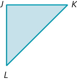 Figura geométrica. Triângulo azul claro JKL com os lados JK e JL de mesma medida de comprimento.