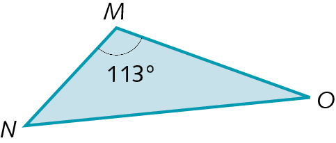 Figura geométrica. Triângulo azul MNO, com um arco no ângulo M e a indicação de que esse ângulo mede 113 graus.