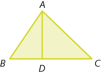 Figura geométrica. Figura verde formada por 5 segmentos de reta. Parte de uma reta com extremidades nos pontos B e C são base da figura. Essa reta passa pelo ponto D. Externo a essa reta, há o ponto A que forma os segmentos de reta AB, AD e AC.