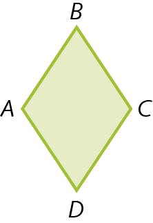 Figura geométrica. Representação de um quadrilátero verde ABCD com quatro lados de mesma medida, dois pares de ângulos agudos e dois pares de ângulos obtusos.