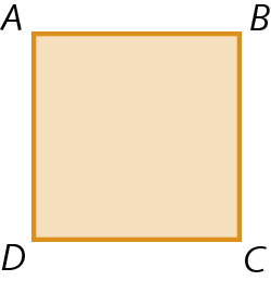 Figura geométrica. Representação de um quadrilátero alaranjado ABCD com quatro lados de mesma medida e quatro ângulos retos.