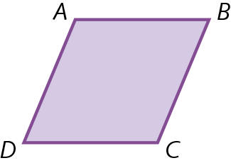 Figura geométrica. Representação de um quadrilátero roxo ABCD com quatro lados de mesma medida, dois pares de ângulos agudos e dois pares de ângulos obtusos.