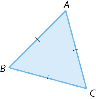 Figura geométrica. Triângulo ABC azul com um tracinho em cada lado.