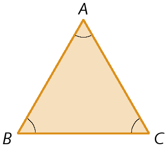 Figura geométrica. Triângulo acutângulo alaranjado ABC, com arco em cada ângulo interno indicando que são de mesma medida de abertura.