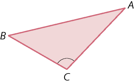 Figura geométrica. Triângulo obtusângulo vermelho ABC, com arco no ângulo obtuso e os outros dois ângulos sem indicação.