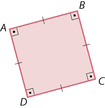 Figura geométrica. Representação de um paralelogramo ABCD vermelho com 4 símbolos de ângulo reto nos ângulos internos e 4 tracinhos, um de cada lado, indicando que os lados possuem a mesma medida de comprimento.