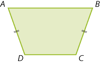 Figura geométrica. Representação de um paralelogramo ABCD verde com apenas um par de lados paralelos. Os lados representados pelos segmentos de reta AB e DC são paralelos e os lados representados pelos segmentos de reta AD e BC tem dois tracinhos indicando que tem mesma medida e comprimento.