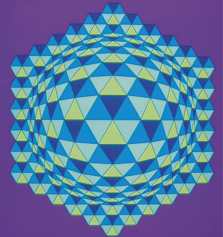 Fotografia. Quadro com formato de quadrado com fundo roxo. Ao centro, triângulos com diferentes tons de azul e verde formando um círculo central e formato hexagonal ao redor.