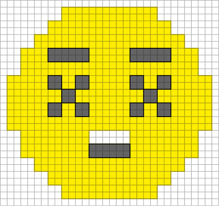Ilustração. Figura que se parece com um emoji amarelo representada em uma malha quadriculada. O emoji lembra a figura de um círculo e possui boca, olhos e sobrancelhas pretas. A malha é composta de 30 linhas com 32 quadradinhos cada.
