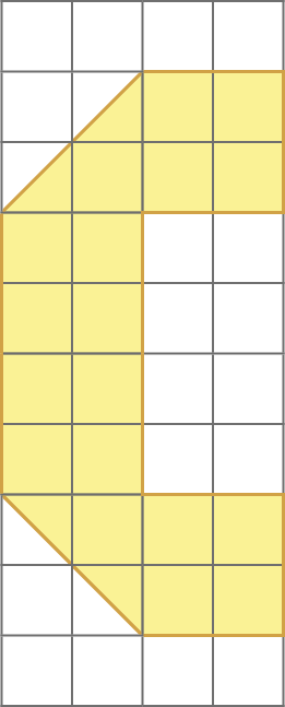 Ilustração. Malha quadriculada com figura composta de 18 quadradinhos e 4 triângulos. Cada triângulo tem metade da área do quadradinho.