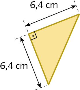 Triângulo retângulo cujos lados que formam o ângulo reto medem 6,4 centímetros e 6,4 centímetros.