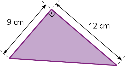 Triângulo retângulo cujos lados que formam o ângulo reto medem 9 centímetros e 12 centímetros.