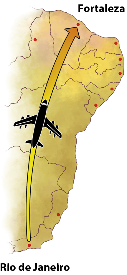 Ilustração. Mapa. Destaque parcial para mapa do Brasil com um avião saindo do Rio de Janeiro e indo para Fortaleza.