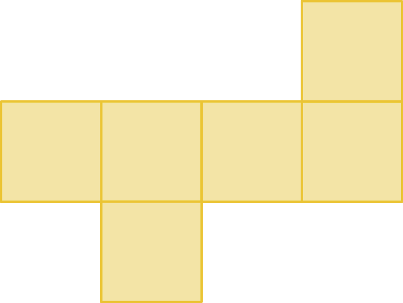 Ilustração. Figura composta por 6 quadrados, 4 quadrados estão na horizontal, 1 quadrado está ligado ao segundo quadrado da direita e está abaixo dele, 1 quadrado está ligado ao últomo quadrado da direito e está acima dele.