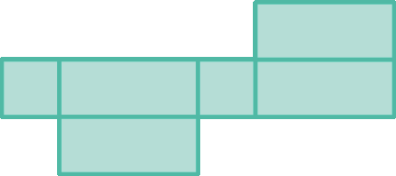 Ilustração: Planificação da superfície de um sólido.  Figura formada por 6 retângulos, 4 retângulos estão alinhados, 1 está acima e 1 está abaixo.