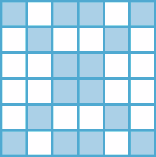 Ilustração. Quadrado dividido em 36 partes quadradas iguais. 16 delas estão pintadas de azul e 20 estão pintadas de branco.