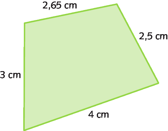 Figura geométrica. Quadriláteros com lados que medem 3 centímetros, 4 centímetros, 2 vírgula 65 centímetros e 2 vírgula 5 centímetros de comprimento.