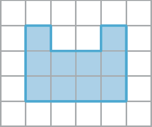 Figura geométrica. Malha quadriculada composta por 30 quadradinhos. Nela está representada uma figura composta por 10 quadradinhos.
