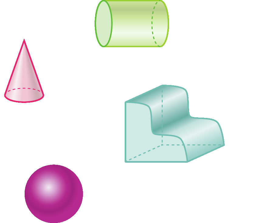 Figura geométrica. Sólido geométrico rosa que tem um vértice único, uma face circular e superfície lateral arredondada. Tem formato parecido com o de uma casca de sorvete. Figura geométrica. Sólido geométrico rosa de superfície arredondada. Tem formato parecido com o de uma bola. Figura geométrica. Sólido geométrico verde que tem duas faces circulares paralelas e idênticas e superfície lateral arredondada. Tem formato parecido com o de uma lata de superfície arredondada. Figura geométrica. Sólido geométrico azul que tem o formato parecido com o de uma escada com 2 degraus arredondados.