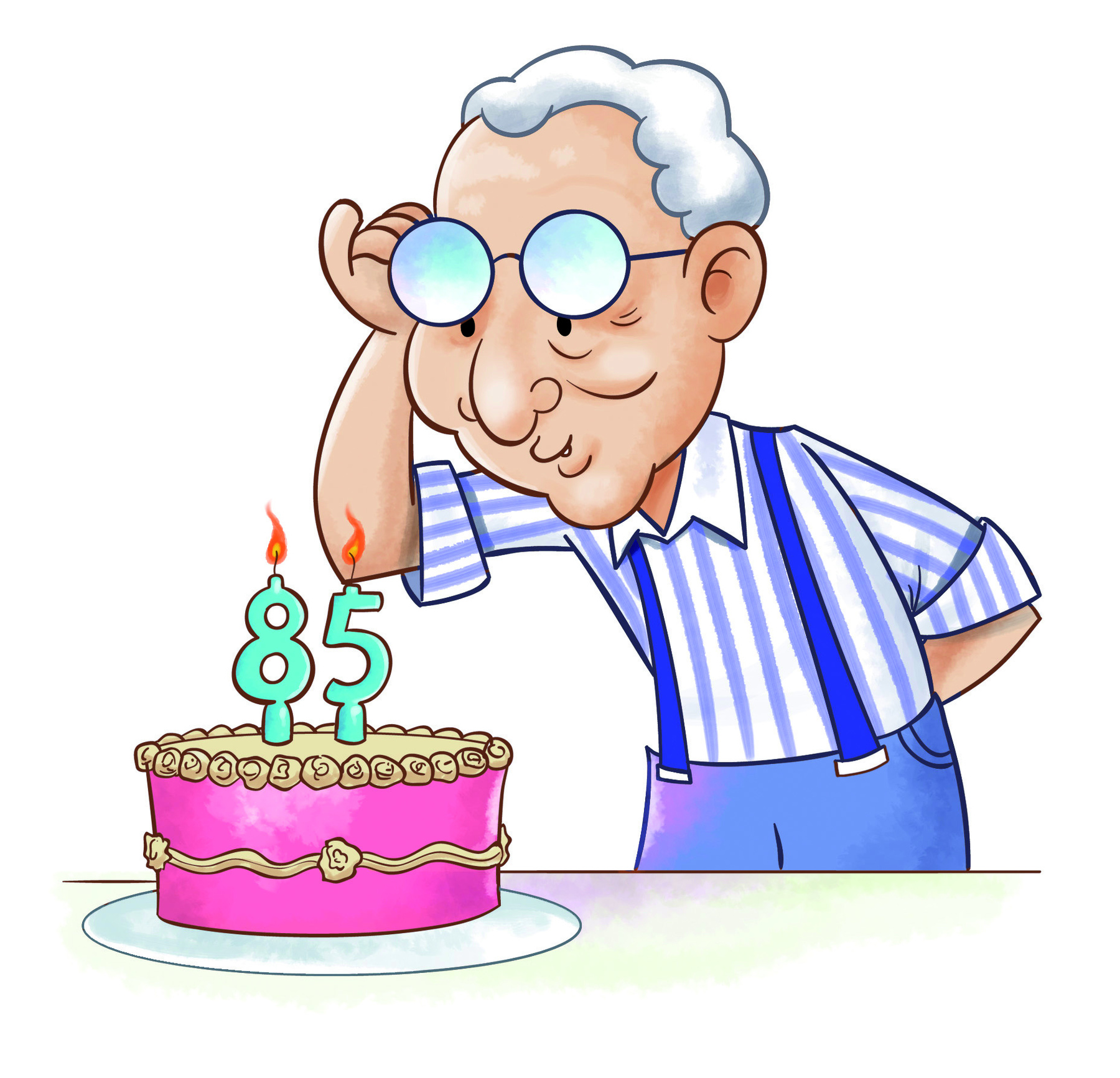 Ilustração. Idoso branco de cabelos grisalhos, camisa listrada branca e azul listrada e suspensório. Ele levanta os óculos e olha para um bolo redondo na cor rosa a sua frente com vela de 85 anos acesa.