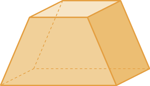 Figura geométrica. Sólido geométrico laranja que tem 2 faces retangulares diferentes mas que são opostas e paralelas, 2 faces retangulares idênticas que são opostas mas não são paralelas e 2 faces opostas e idênticas que tem o formato de trapézio.