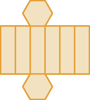 Ilustração. Planificação da superfície de um sólido. Figura formada por 2 hexágonos laranjas e 6 retângulos também laranjas. 6 retângulos lado a lado. Acima do terceiro retângulo, da esquerda para a direita, há um hexágono. Abaixo do mesmo retângulo, outro hexágono.