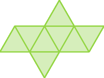 Ilustração. Planificação da superfície de um sólido. Figura formada por 8 triângulos idênticos verdes.