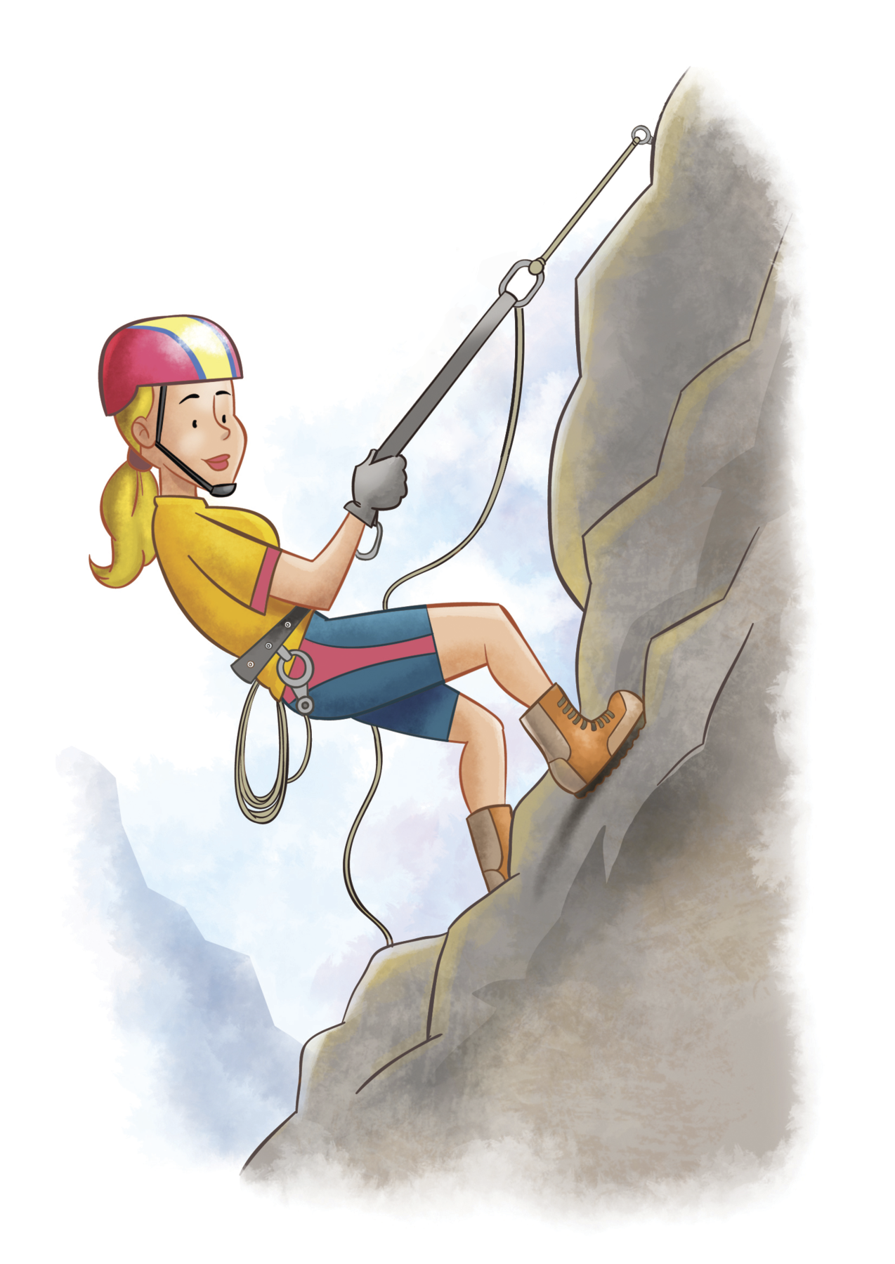 Ilustração: Mulher branca de cabelo loiro, capacete vermelho com uma listra amarela, blusa amarela, bermuda azul com um detalhe vermelho e botas laranjas está segurando cordas e escalando uma montanha.