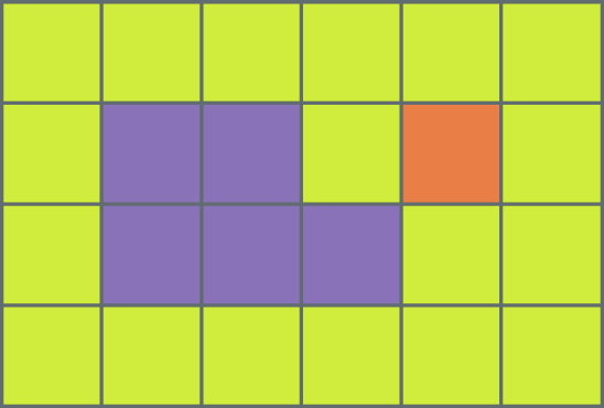 Figura geométrica: Retângulo dividido em 24 quadrados de tamanhos iguais. Cinco estão pintados de roxo, um de laranja e dezoito de verde.