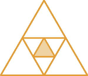 Figura geométrica: Um primeiro triângulo grande. Dentro dele há um segundo triângulo com os vértices encostados no ponto médio dos lados do triângulo maior. Dentro do segundo triângulo, um triângulo laranja com os vértices encostados no ponto médio dos lados do segundo triângulo.