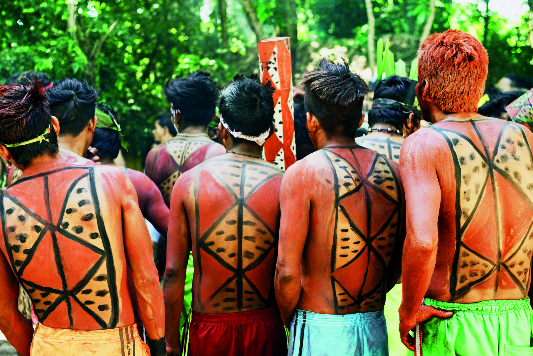 Fotografia. Grupo de indígenas de costas para o observador. Eles estão sem camisa, o que possibilita a visualização de grafismos coloridos presentes em pinturas corporais em suas costas.