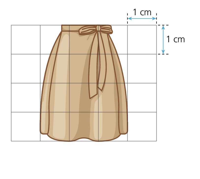 Ilustração. Saia bege representada em uma malha quadriculada composta de 20 quadrados com lados medindo 1 centímetros de comprimento cada um. São quatro fileiras e cinco colunas. A saia ocupa 3 colunas de quadrados. Ela possui o mesmo formato da saia da imagem anterior.