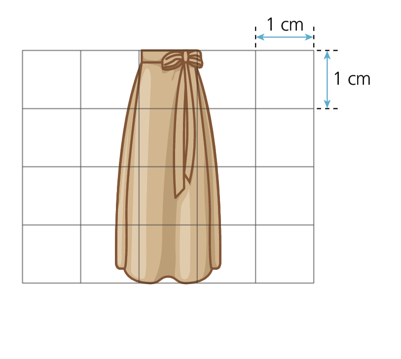 Ilustração. Saia bege representada em uma malha quadriculada composta de 20 quadrados com lados medindo 1 centímetros de comprimento cada um. São quatro fileiras e cinco colunas. A saia ocupa uma coluna inteira e duas colunas de quadrados pela metade.