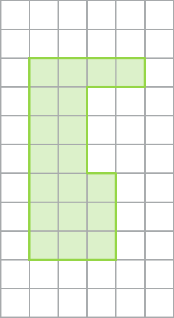Ilustração. Malha quadriculada, de 11 linhas com 6 quadradinhos cada com a representação de uma figura verde. De cima para baixo, na terceira linha, da esquerda para a direita, a partir do segundo, há 4 quadrados verdes. Nas quarta, quinta e sexta linhas, da esquerda para a direita, a partir do segundo, há dois quadrados verdes em cada. Nas sétima, oitava e nona linhas, da esquerda para a direita, a partir do segundo quadradinho, há 3 quadradinhos verdes.