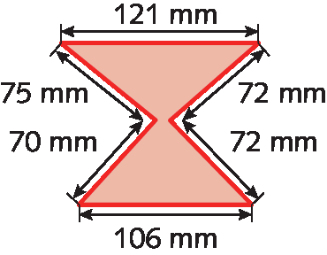 Figura. Hexágono que parece formado por dois triângulos com um vértice comum de modo que a base de um triângulo está para cima e a base do outro está para baixo. Os lados do hexágono medem 121 milímetros, 72 milímetros, 72 milímetros, 106 milímetros, 70 milímetros e 75 milímetros.
