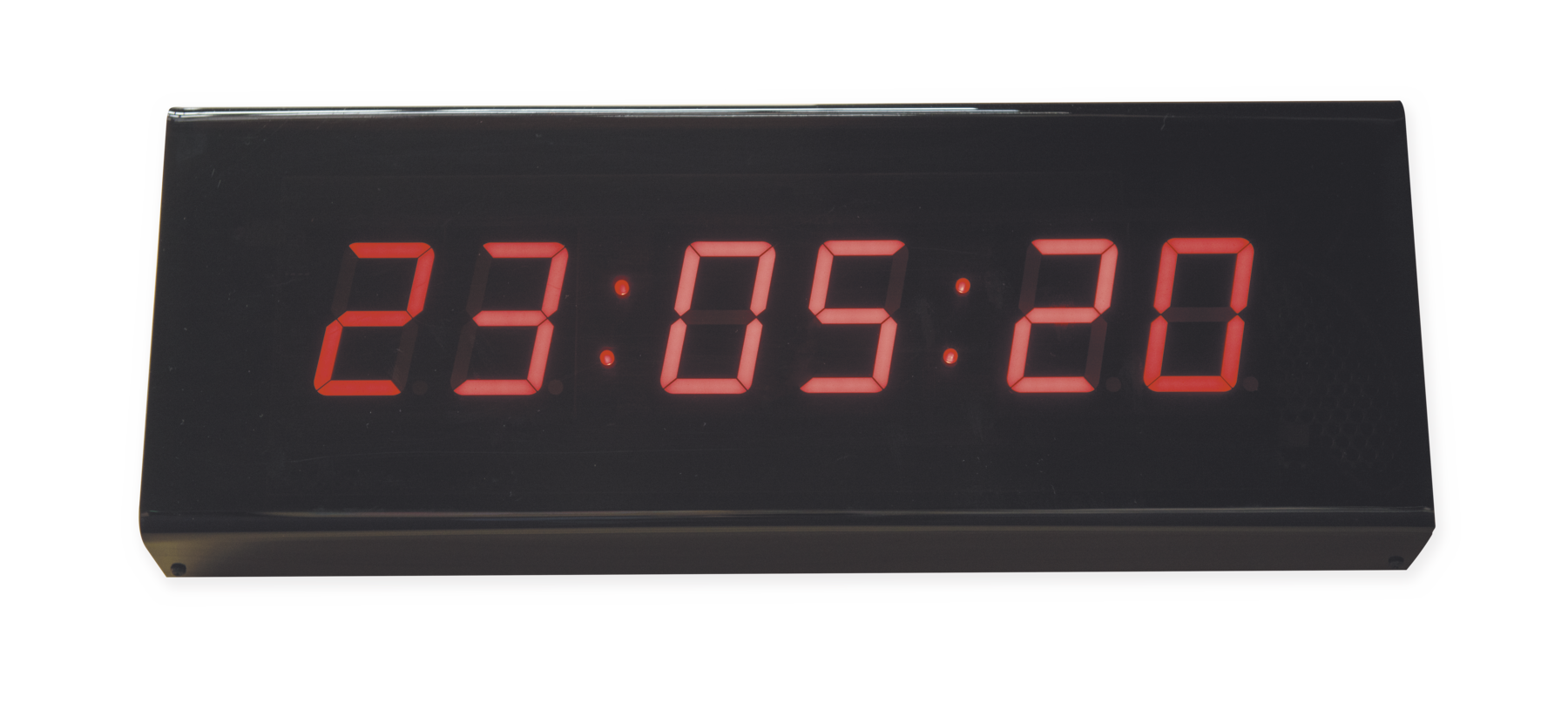 IFotografia. Relógio digital preto marcando 23:05:20 em vermelho.