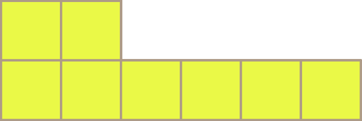 Ilustração. Figura dividida em quadrados amarelos. Seis quadrados na horizontal. Acima, dois quadrados.