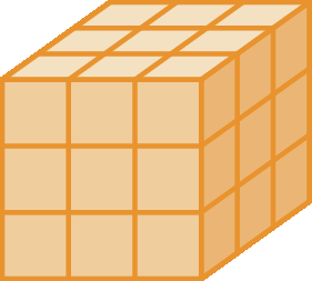Ilustração. Cubo dividido em cubinhos. No comprimento, 3 cubinhos. Na largura, 3 cubinhos. Na altura, 3 cubinhos.