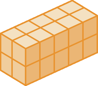 Ilustração. Bloco retangular dividido em cubinhos. No comprimento, 5 cubinhos. Na largura, 2 cubinhos. Na altura, 2 cubinhos.