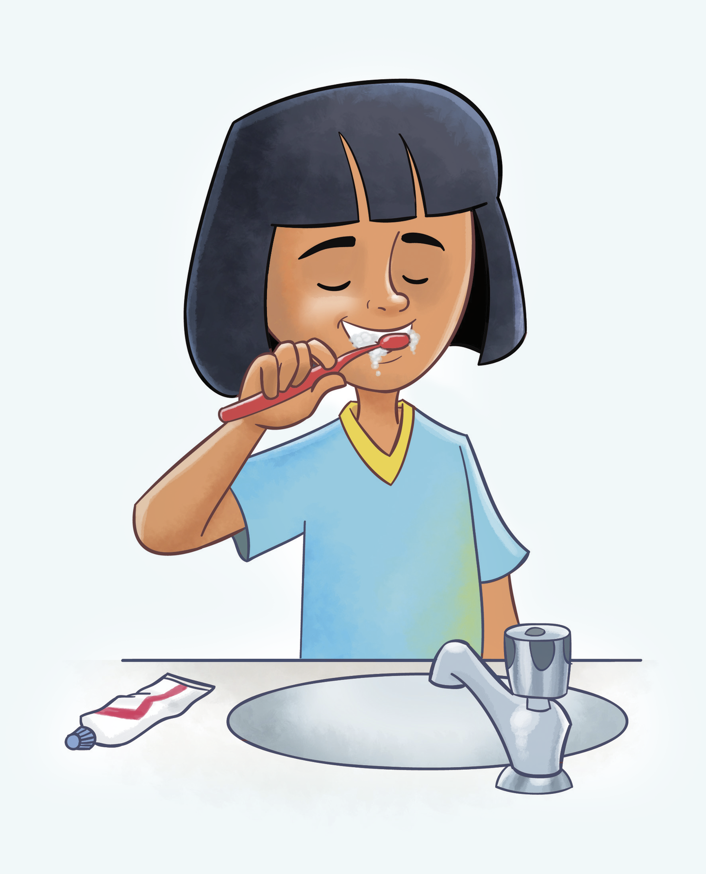 Ilustração. Menina de cabelo preto liso e blusa azul escovando os dentes. A torneira está fechada.