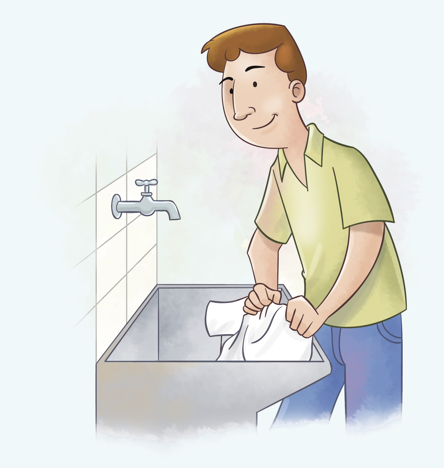 Ilustração. Homem branco de cabelo castanho, camisa verde e calça azul lavando roupa no tanque. A torneira está fechada.