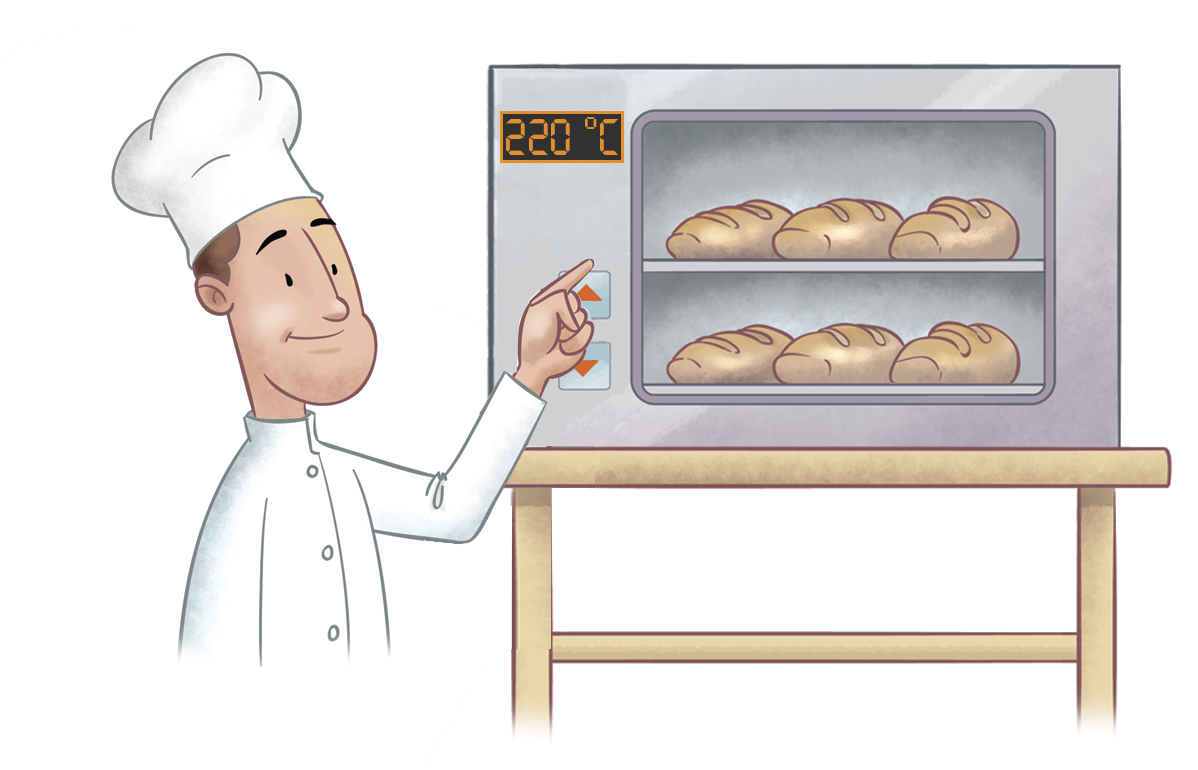 Ilustração. Homem de chapéu e camisa de cozinheiro está ao lado de um forno com pães marcando 220 graus Celsius.