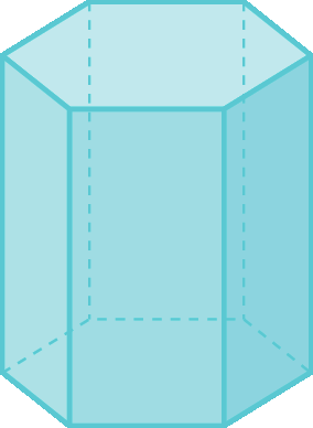 Figura geométrica. Sólido geométrico azul que tem 2 faces hexagonais idênticas e paralelas e 6 faces retangulares paralelas duas a duas.