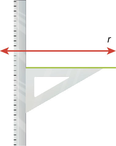 Ilustração. Segundo passo. Mesma ilustração anterior, mas agora o esquadro deslizou meio centímetro na vertical e parte de uma reta verde foi desenhada utilizando a parte superior do esquadro.