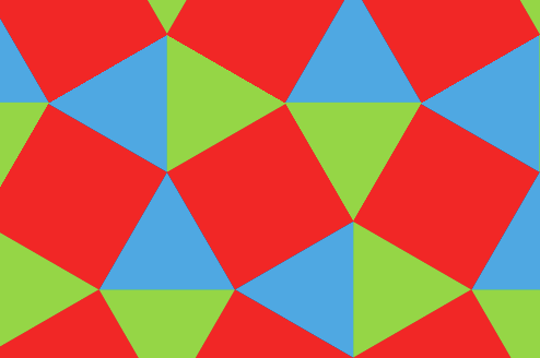 Ilustração. Recorde com formato retangular de um mosaico com figuras azul, verde e vermelha.