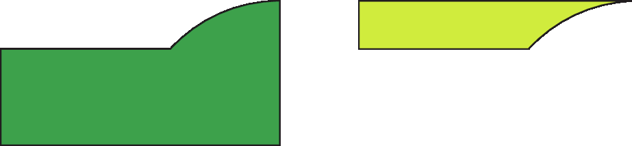 Ilustração. Duas figuras lado a lado. Uma figura verde escura com cinco lados, um dos lados é uma linha curva. Figura verde clara com quatro lados, um dos lados é uma linha curva. As duas figuras justapostas formam uma figura retangular.