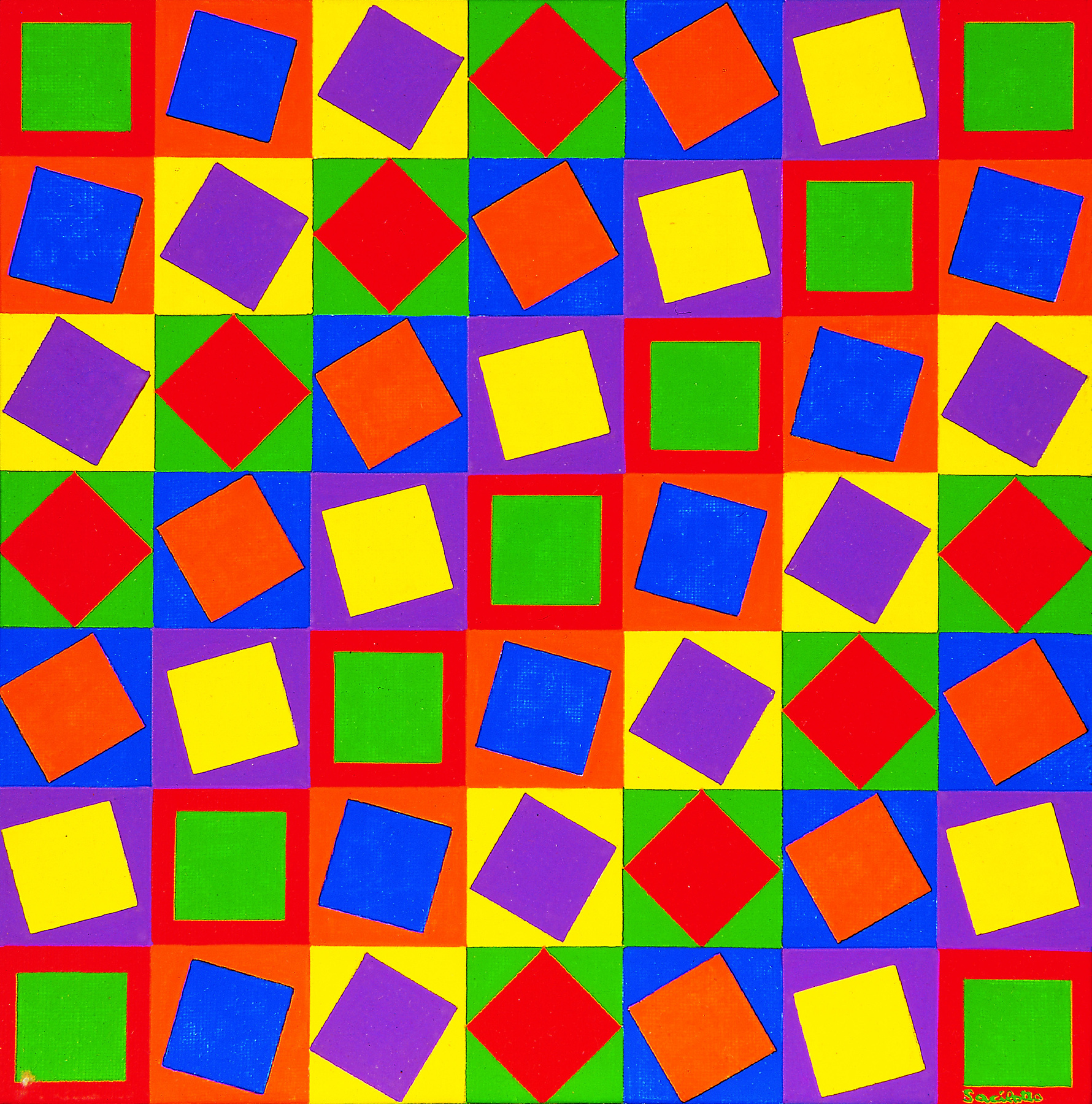 Fotografia. Quadro com formato de quadrado composto por sete fileiras e sete colunas de outros quadrados coloridos. O fundo de cada um desses quadrados tem uma cor e há outro quadrado sobreposto em diferentes posições com outra cor.