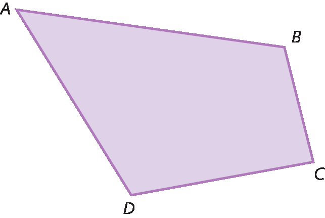 Figura geométrica. Representação de um quadrilátero ABCD roxo, como todas as medidas dos lados diferentes.